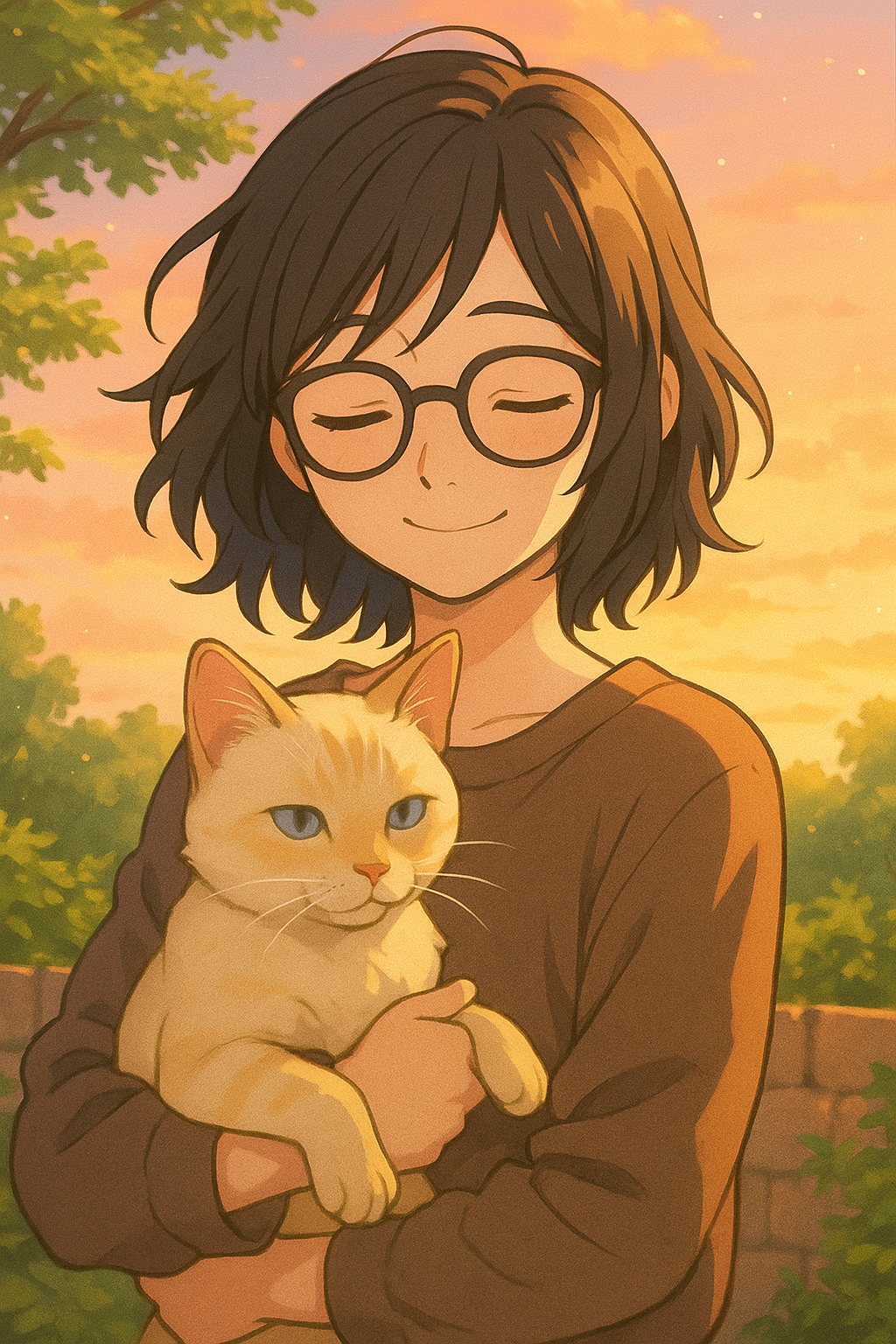 Livey holding Miyuki, anime-style, warm sunset